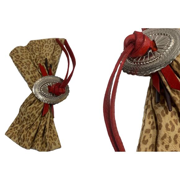 80s Leopard Kid Suede & Red Leather French Barrette Bow with Silver Concho